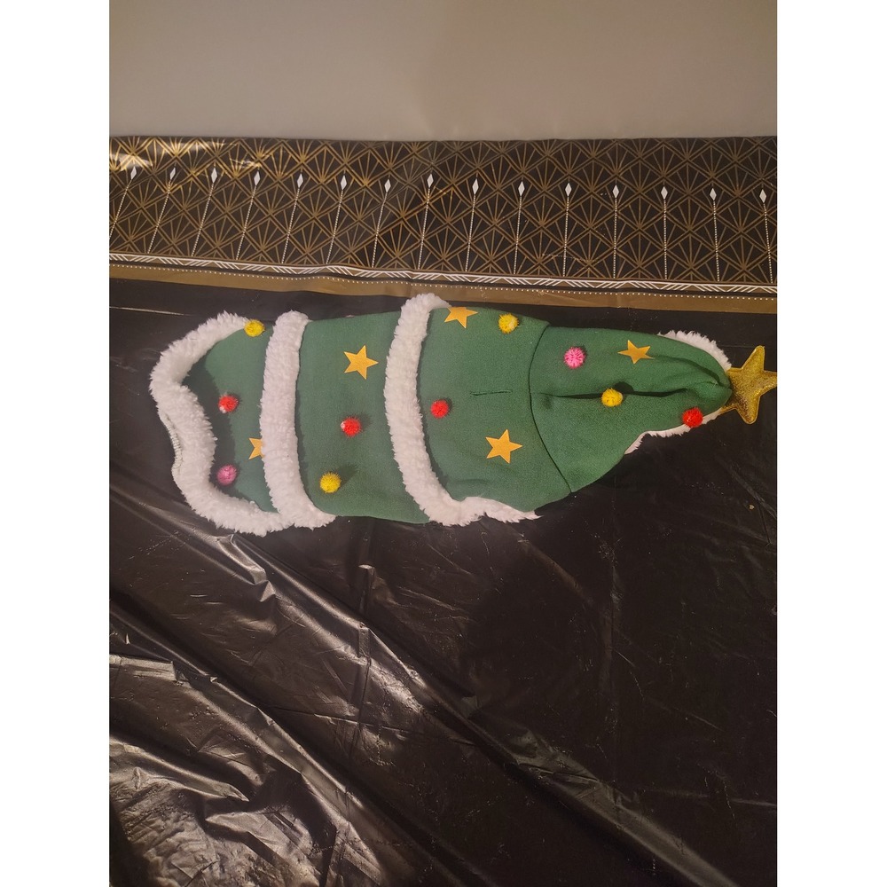 Christmas Tree Pet Costume Green Fleece Faux Fur Trim Ornaments Gold Star Hood